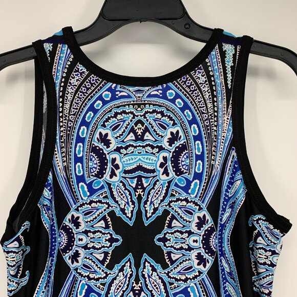 Olivia Matthews Dress Maxi Blue Black Printed Sleeveless Slit - Picture 9 of 10